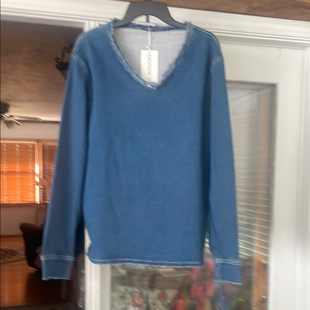 Blue V-Neck Denim and spandex Top